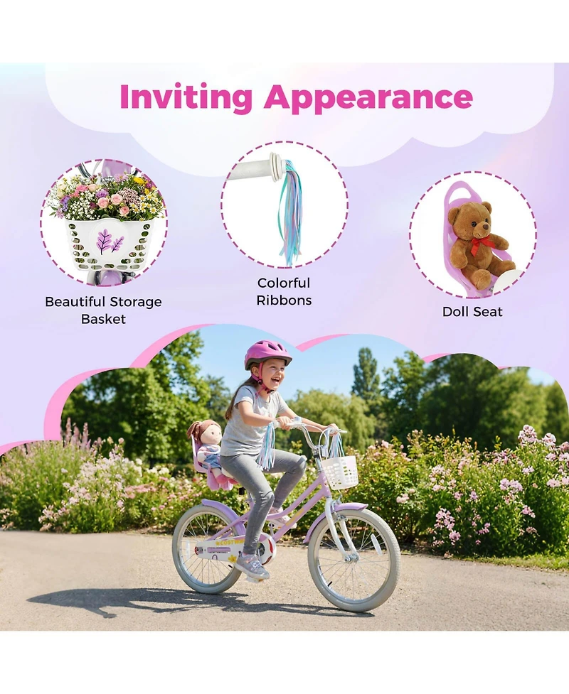 Costway Girls Bike, 20" Kids Bicycle with Basket, Doll Seat, Colorful Streamers, Reflectors