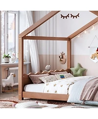Streamdale Furniture House Floor Bed with Support Slats, Solid Wood Frame
