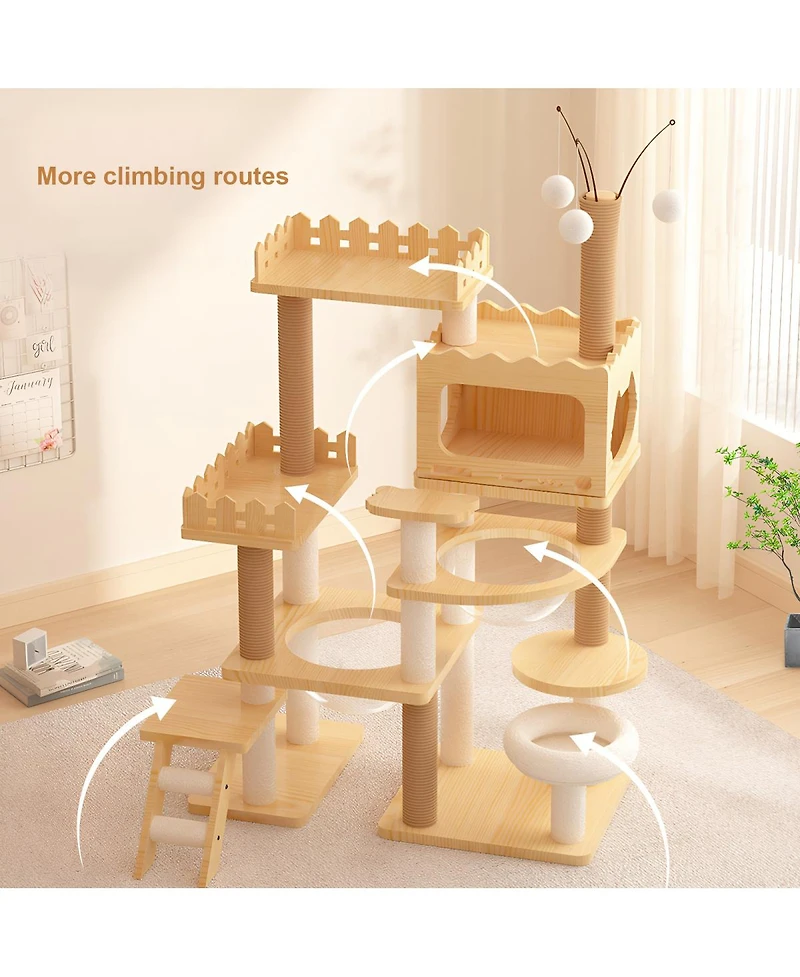 Streamdale Furniture 66.9" Modern Wood Cat Tree with Sisal Scratching Posts and Acrylic Hammock