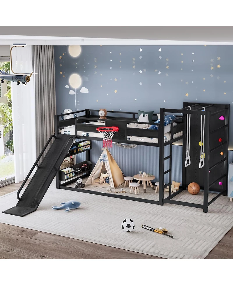 Streamdale Furniture Metal Loft Bed with Slide, Climbing Wall, and Sports Features