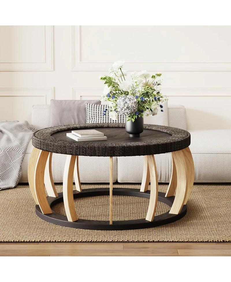 Streamdale Furniture Vintage Rattan and Solid Wood Round Coffee Table