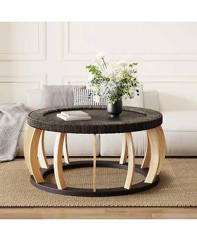 Streamdale Furniture Vintage Rattan and Solid Wood Round Coffee Table