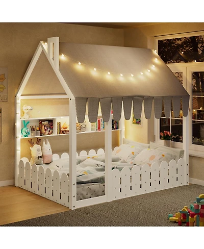 Streamdale Furniture Montessori House Bed with Fence, Lights and Storage