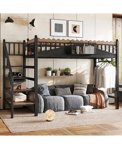 Streamdale Furniture Metal Loft Bed with Storage Stairs and Bookshelf