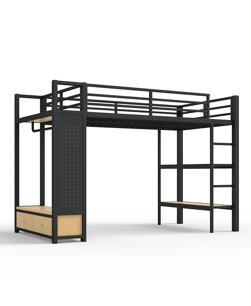 Streamdale Furniture Metal Loft Bed with Wardrobe, Storage Shelves, and Pegboard