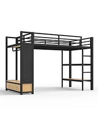 Streamdale Furniture Metal Loft Bed with Wardrobe, Storage Shelves, and Pegboard