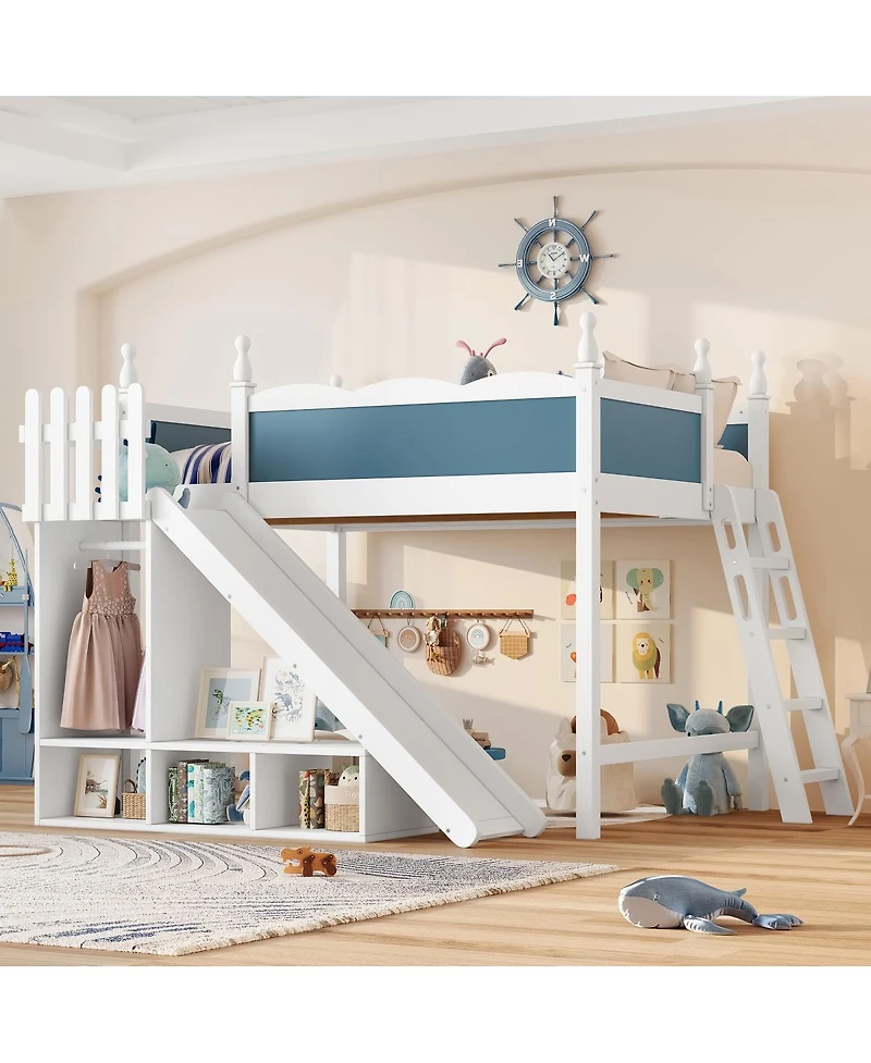 Streamdale Furniture Full Loft Bed with Storage, Wardrobe, and Slide, Solid Wood