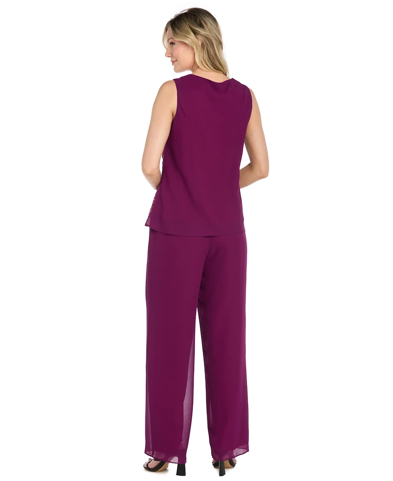 R & M Richards Women's Beaded Georgette Pull-On Tank Top, Jacket Pants, 3-Piece Set