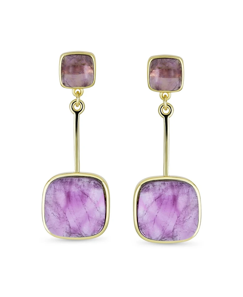 Bling Jewelry Geometric Square Bar Faceted Gemstone Purple Amethyst Dangle Statement Earrings Gold Plated