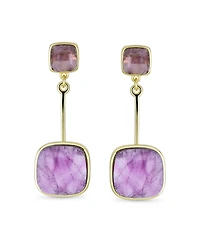 Bling Jewelry Geometric Square Bar Faceted Gemstone Purple Amethyst Dangle Statement Earrings Gold Plated