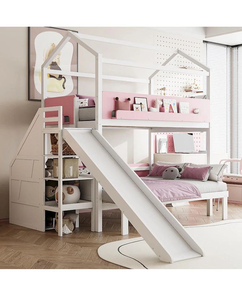 Streamdale Furniture House-Shaped Bed with Slide, Storage Stairs