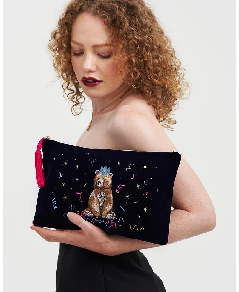 Fable England Women's Party Bear Embroidered Pouch