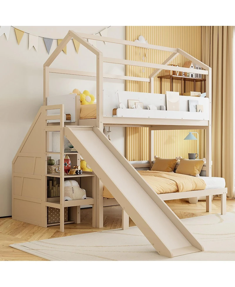 Streamdale Furniture House-Shaped Wooden Bunk Bed with Slide, Storage Stairs