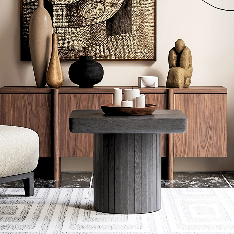 Streamdale Furniture Modern Solid Wood Veneer Square End Table with Grooved Cylindrical Base