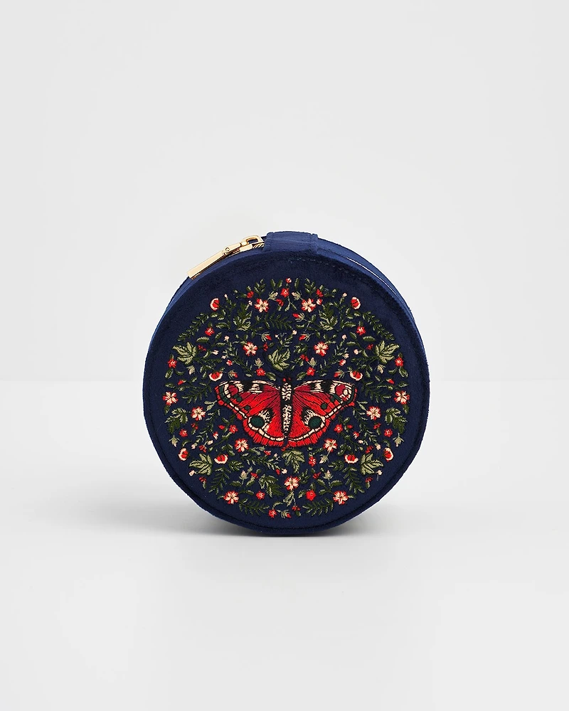 Fable England Women's Butterfly Velvet Embroidered Circle Jewellery Box