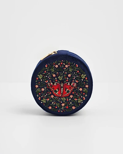 Fable England Women's Butterfly Velvet Embroidered Circle Jewellery Box