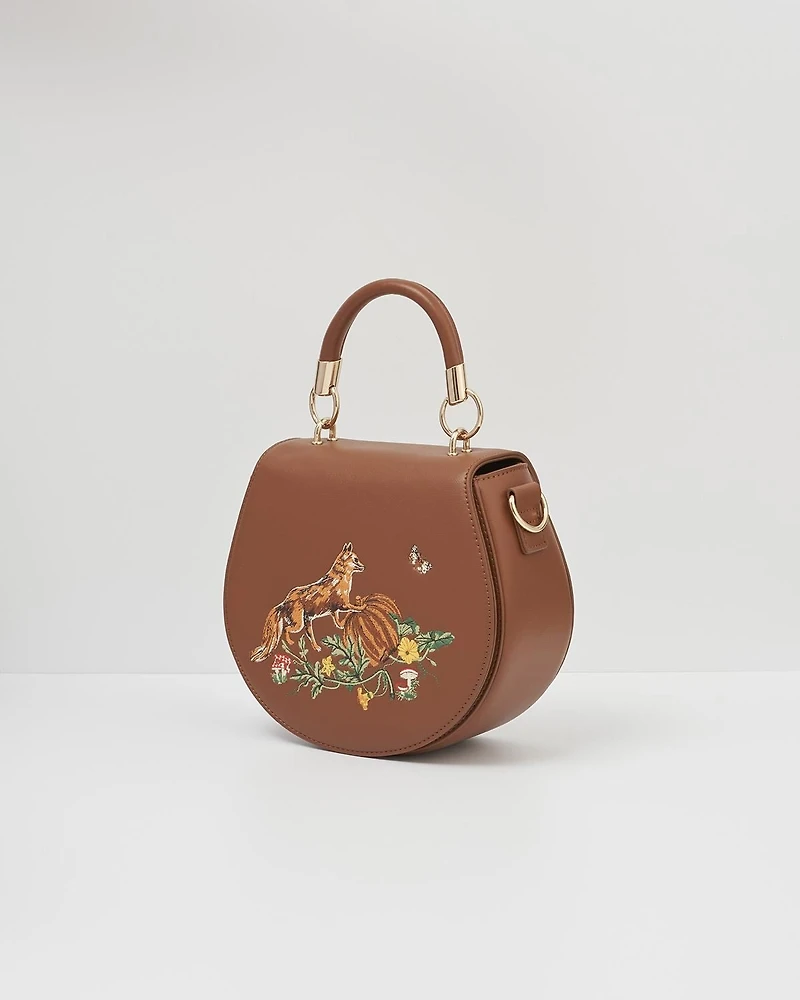 Fable England Women's Fox and Pumpkin Embroidered Tan Saddle Bag