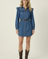 Modenaire Women's Ruffled-Collar Belted Shirt Dress