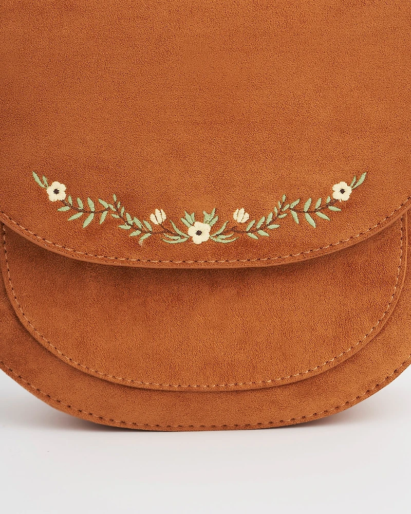 Fable England Women's Floral Faux Suede Embroidered Saddle Bag