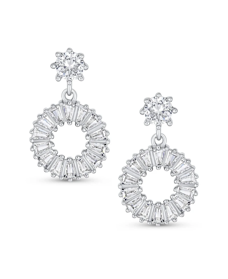 Bling Jewelry Fancy Cocktail Open Baguette Circle Drop Stud Earrings Cubic Zirconia Cz .925 Sterling Silver