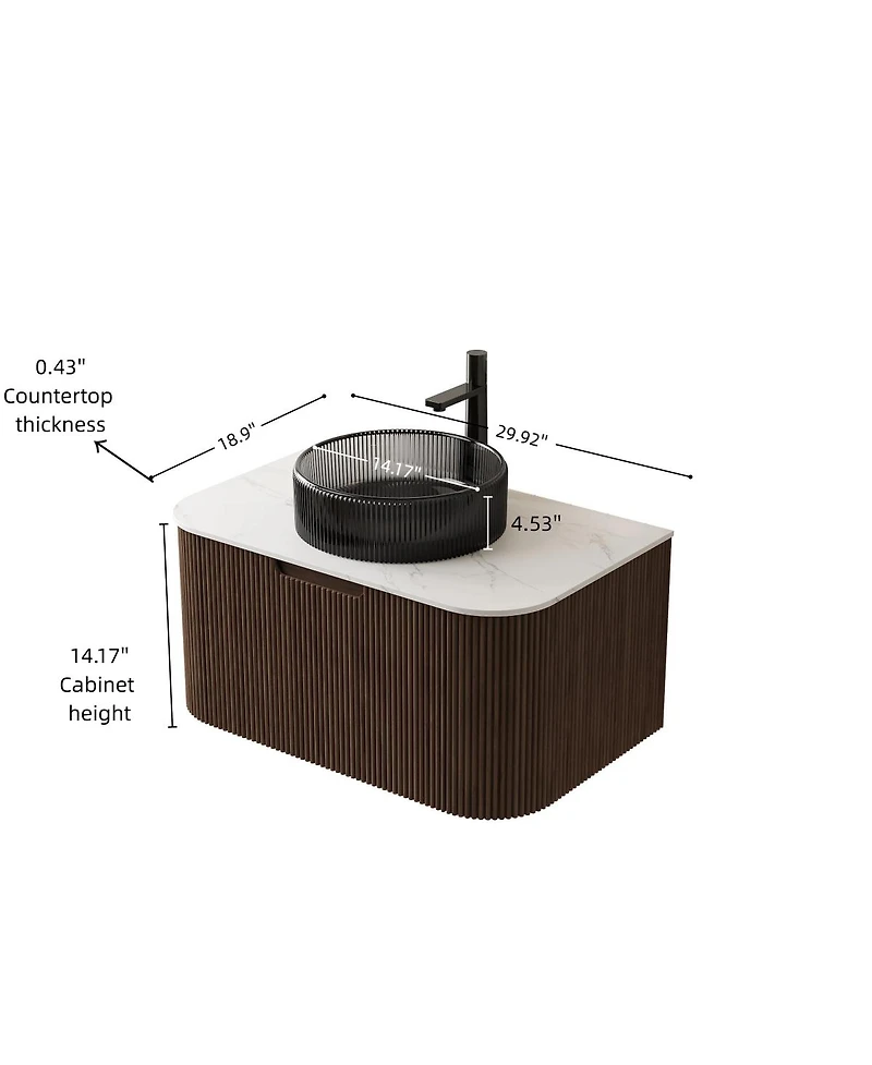 Sillysis Wall Mounted Bathroom Vanity with Crystal Glass Vessel Sink, Wood Grain Cabinet