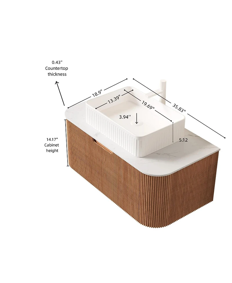 Sillysis Wall Mounted Bathroom Vanity with Rectangular Ceramic Sink, Modern Wood Grain Cabinet, Soft Close Drawer