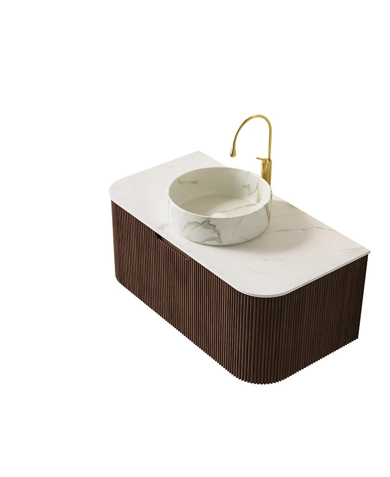 Sillysis Wall Mounted Bathroom Vanity with Sintered Stone Top, Round Ceramic Basin, Stripe Drawer
