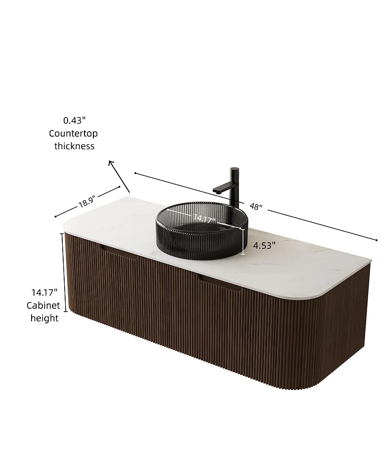 Sillysis Wall Mounted Bathroom Vanity with Crystal Glass Vessel Sink, Wood Grain Cabinet, Pre-assembled