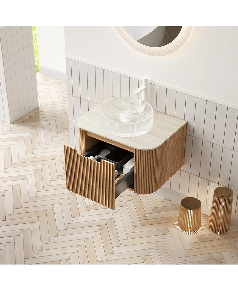 Sillysis Wall Mounted Bathroom Vanity with Crystal Glass Round Sink, Wood Grain Cabinet, Sintered Stone Top