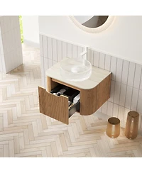 Sillysis Wall Mounted Bathroom Vanity with Crystal Glass Round Sink, Wood Grain Cabinet, Sintered Stone Top