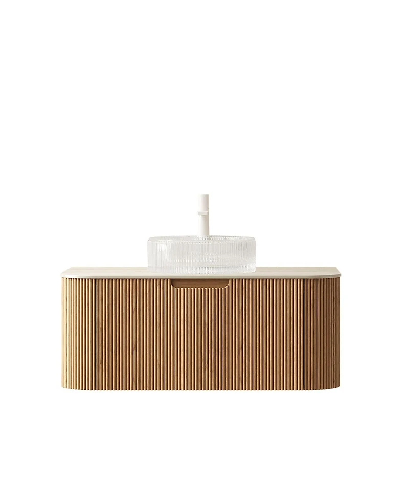 Sillysis Wall Mounted Bathroom Vanity with Crystal Glass Round Sink, Wood Grain Cabinet, Sintered Stone Top
