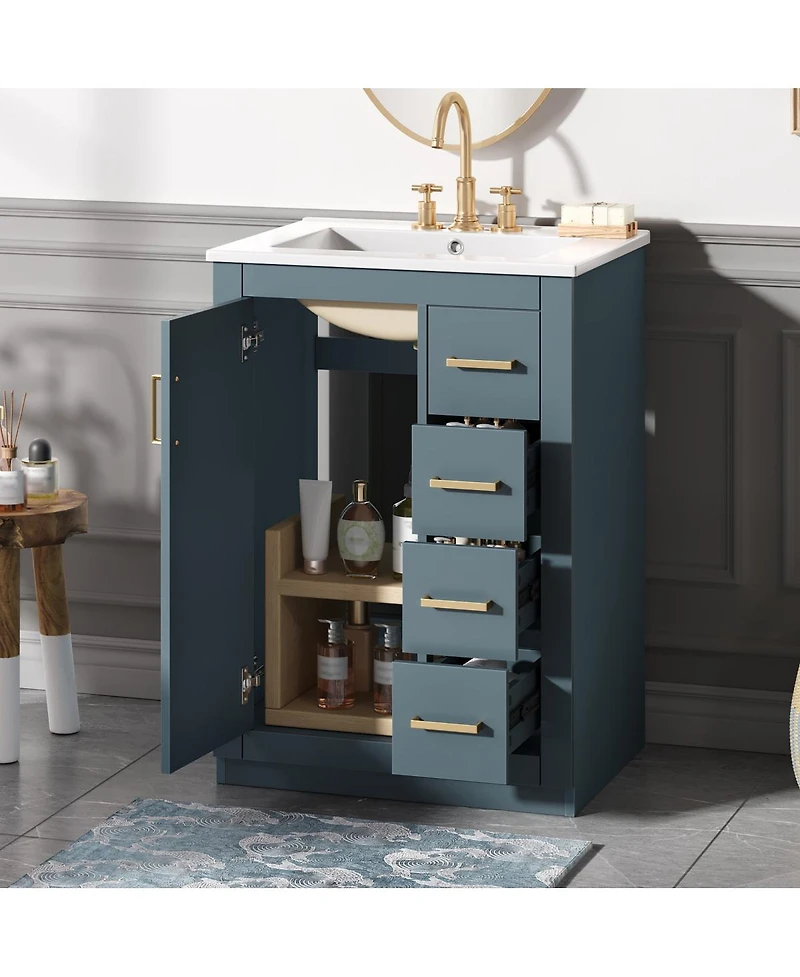 Sillysis 24 Inch Modern Bathroom Vanity with Sink, Solid Wood Mdf Cabinet 3 Soft Close Drawers, Space-Saving Storage