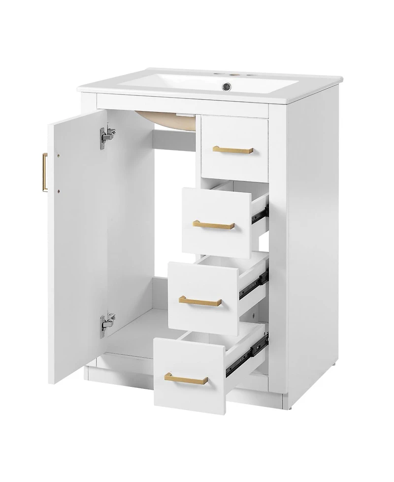 Sillysis 24 Inch Modern Bathroom Vanity with Sink, Solid Wood Mdf Cabinet 3 Soft Close Drawers, Space-Saving Storage