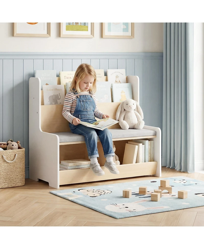 Gymax Kids Reading Nook with Bench Bookshelf and 2 Cubbies Removable Padded Seat Cushion
