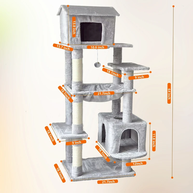 Streamdale Furniture 64in Multi-Level Cat Tree with House, Hammock, and Scratching Posts