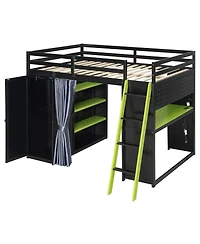 Streamdale Furniture Wood Loft Bed with Wardrobe, Shelves, Curtains and Rgb Lights