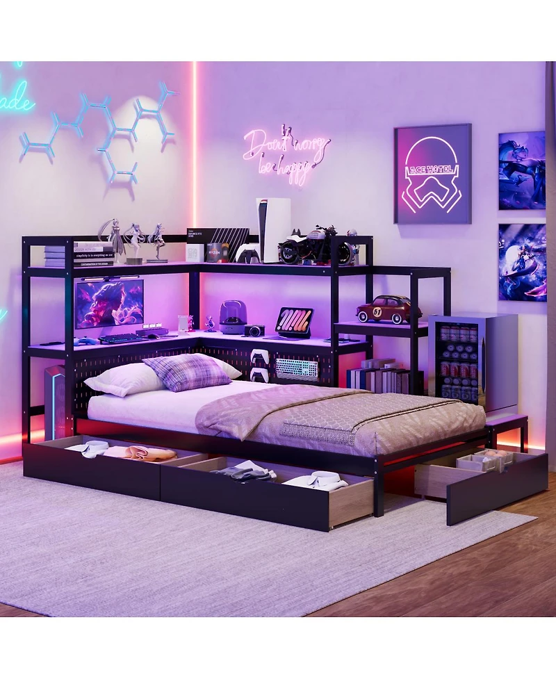 Streamdale Furniture Gaming Daybed with Desk, Led Lights, Storage Drawers and Charging Station