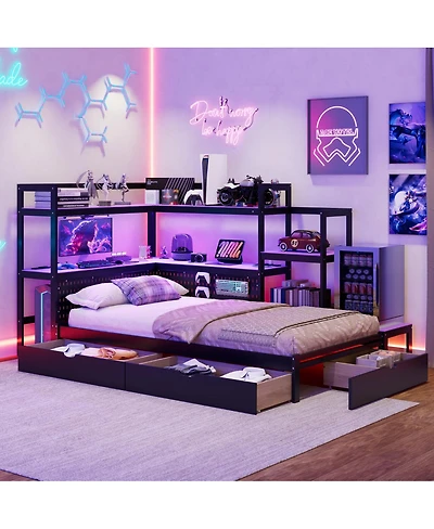 Streamdale Furniture Gaming Daybed with Desk, Led Lights, Storage Drawers and Charging Station