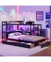 Streamdale Furniture Gaming Daybed with Desk, Led Lights, Storage Drawers and Charging Station