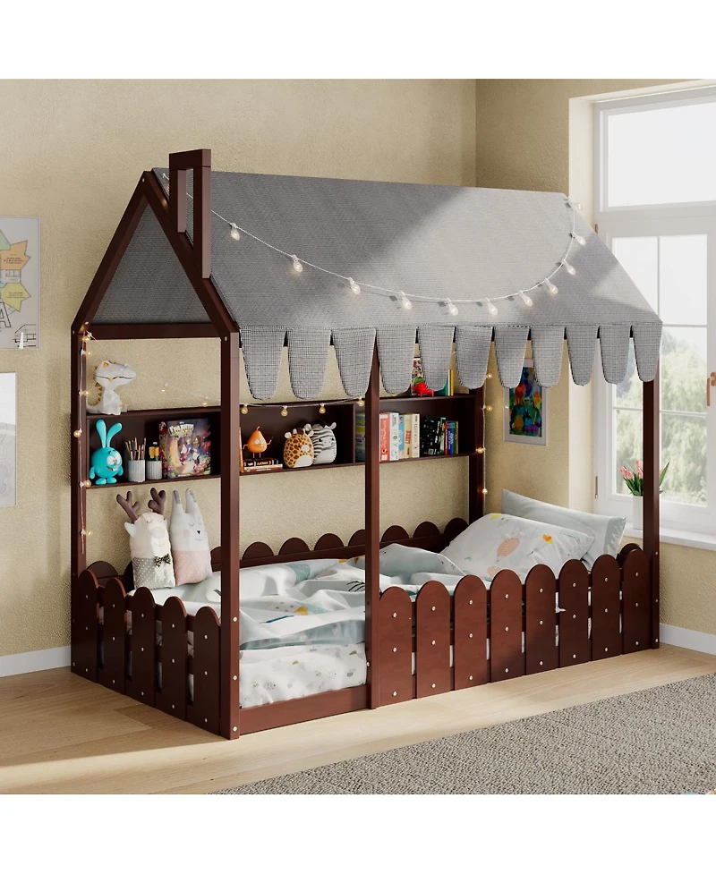 Streamdale Furniture Montessori House Bed with Fence, Storage Shelves and Lights