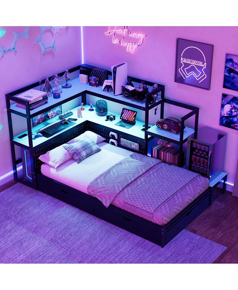 Streamdale Furniture Gaming Daybed with Desk, Led Lights