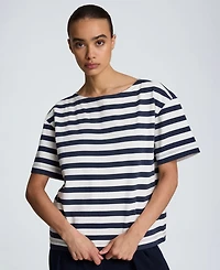 Kenneth Cole Women's Cotton Boat Neck Stripe Top
