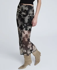 Kenneth Cole Women's Side Ruched Printed Mesh Midi Skirt