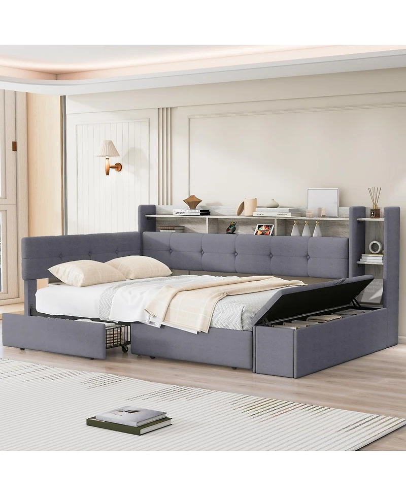 Streamdale Furniture Upholstered Daybed with Storage, Drawers, Usb, Led and Shelves