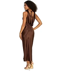 Emerald Sundae Juniors' V-Neck A-Line Satin Midi Dress