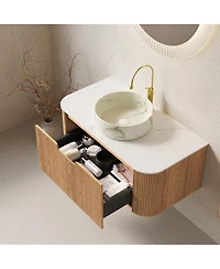 Sillysis Wall Mounted Bathroom Vanity with Sintered Stone Top, Round Ceramic Basin, Soft Close Drawer, Pre-assembled