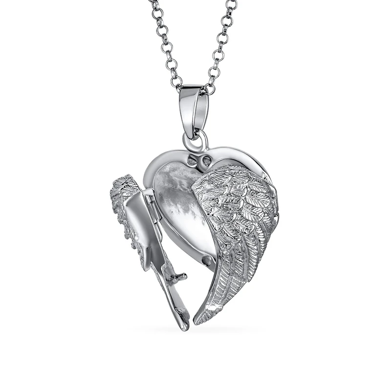 Bling Jewelry Spiritual Angel Wing Feathers Heart Locket Necklace Keepsake Photos Oxidized .925 Sterling Silver