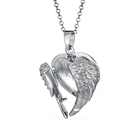 Bling Jewelry Spiritual Angel Wing Feathers Heart Locket Necklace Keepsake Photos Oxidized .925 Sterling Silver