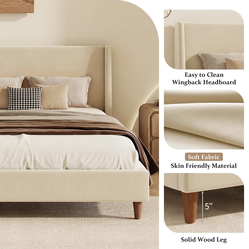 Streamdale Furniture Modern Velvet Wingback Platform Bed, Queen Size