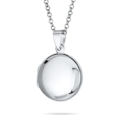 Bling Jewelry Simple Round Photo Locket Necklace Medium Dome Circle Holds Pictures .925 Sterling Silver